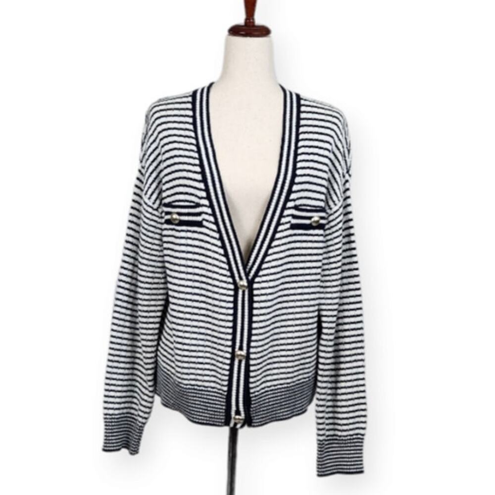 Tahari Button-Front Cardigan Tight Knit Long Sleeve Blue White Stripes Large